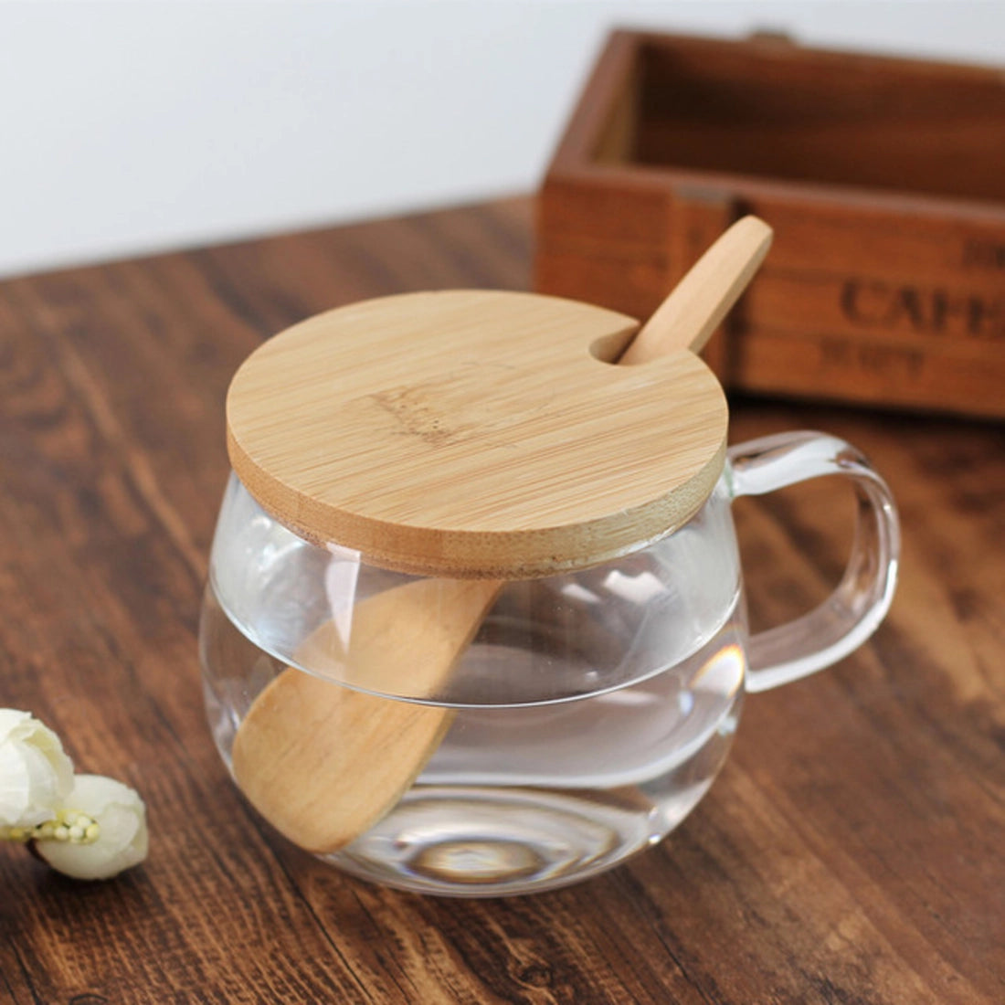 Borosilicate Glass Teacup w/ bamboo lid & spoon 10oz