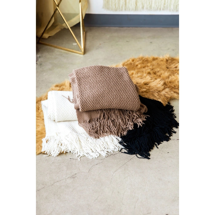 Oversized Knit Blanket With Fringe Trim-Black Only