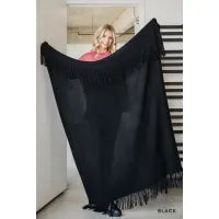 Oversized Knit Blanket With Fringe Trim-Black Only