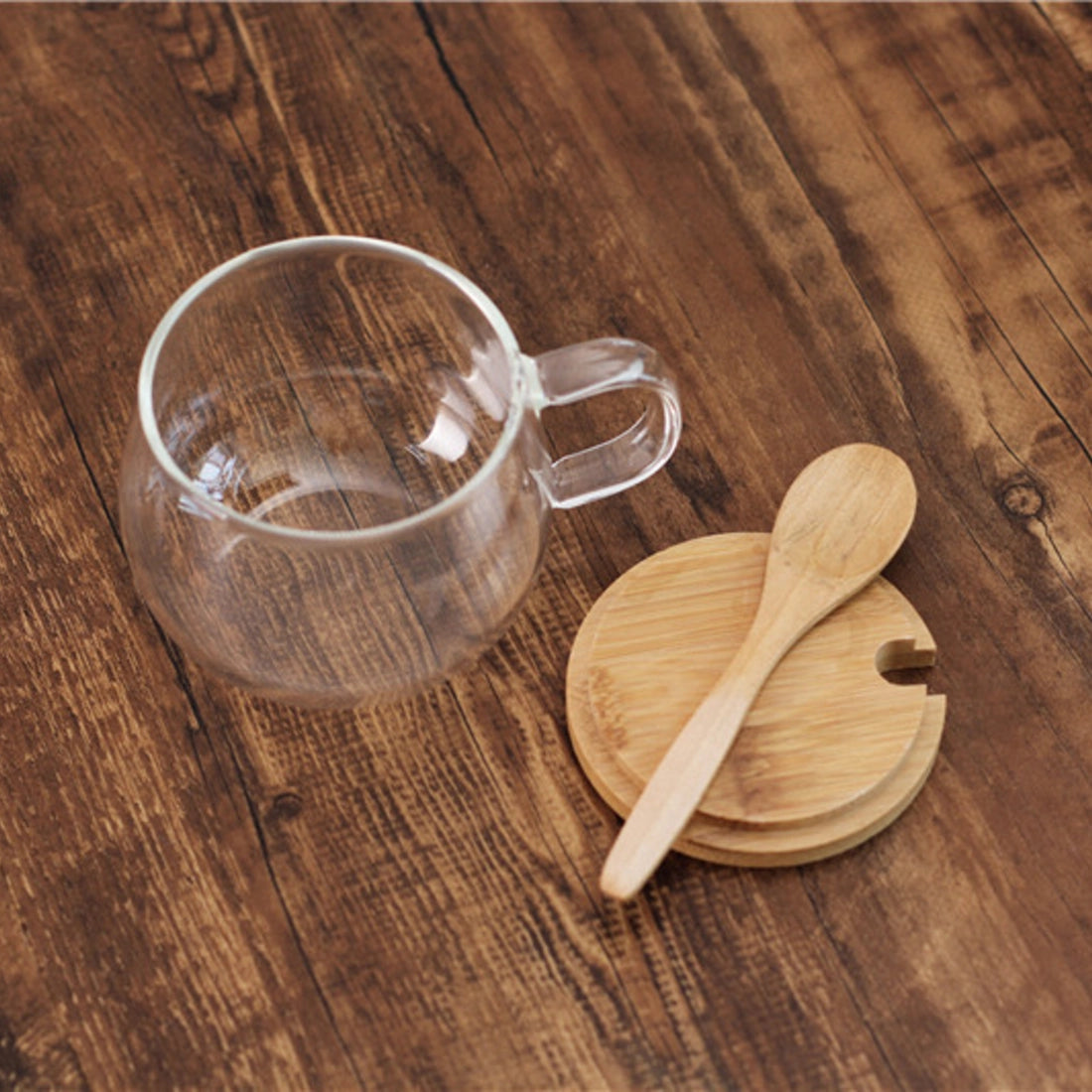 Borosilicate Glass Teacup w/ bamboo lid & spoon 10oz